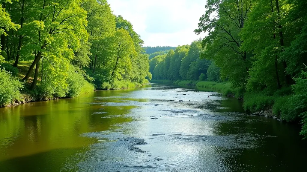 Gauju nacionālā parka dabīgā ainavā ar upi un mežiem, skaistā diena