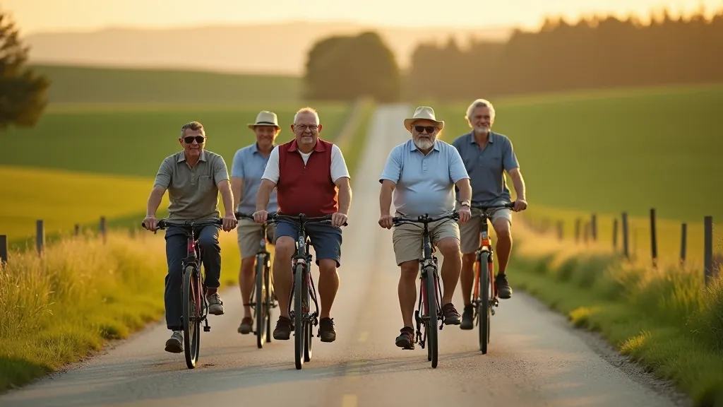 varideskpowerpanel SIA komanda ar velosipēdiem uz Vidzemes lauku ceļa, seniori smaidošu seju ar saulespuķēm fonā
